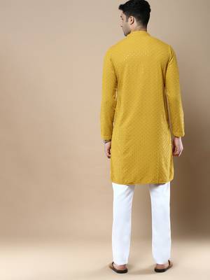 Sanwara's stylish ethnic chikankari with sequins kurta & pajama set for men 3