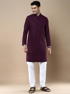 Sanwara's stylish ethnic chikankari with sequins kurta & pajama set for men 1