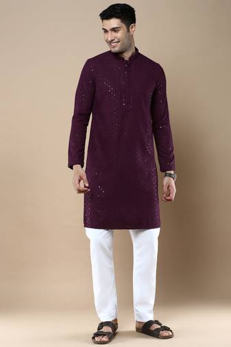 Sanwara's stylish ethnic chikankari with sequins kurta & pajama set for men