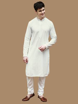 Unleash your style with men's off white cotton chikankari designer kurta set by sanwara 1