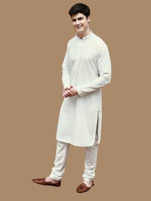 Unleash your style with men's off white cotton chikankari designer kurta set by sanwara 2