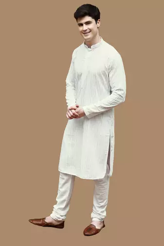 Unleash your style with men's off white cotton chikankari designer kurta set by sanwara