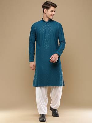 Unleash your style with men's firozi cotton sequins kurta set by sanwara 1