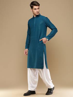 Unleash your style with men's firozi cotton sequins kurta set by sanwara 2