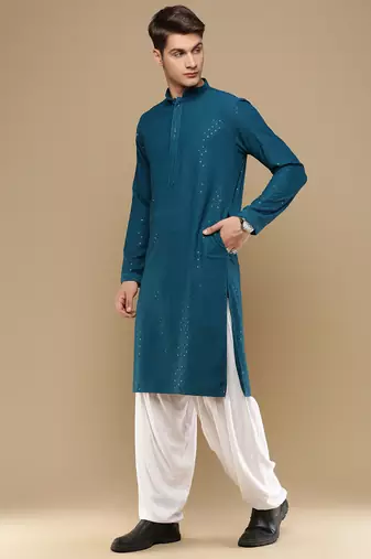 Unleash your style with men's firozi cotton sequins kurta set by sanwara