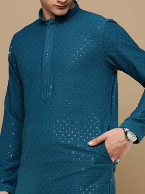 Unleash your style with men's firozi cotton sequins kurta set by sanwara 3