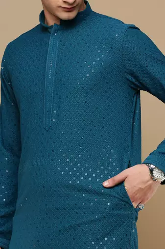 Unleash your style with men's firozi cotton sequins kurta set by sanwara