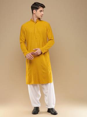 Unleash your style with men's mustard cotton sequins kurta set by sanwara 1