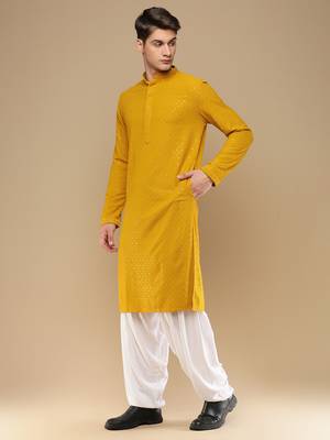 Unleash your style with men's mustard cotton sequins kurta set by sanwara 2