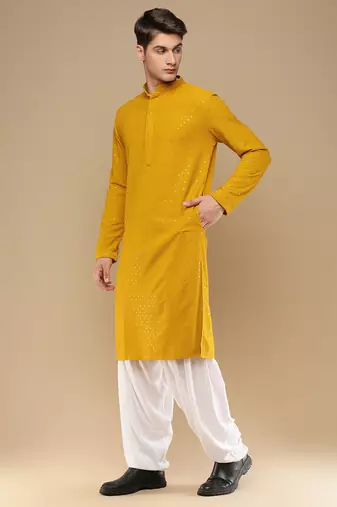 Unleash your style with men's mustard cotton sequins kurta set by sanwara