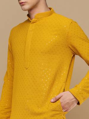 Unleash your style with men's mustard cotton sequins kurta set by sanwara 3