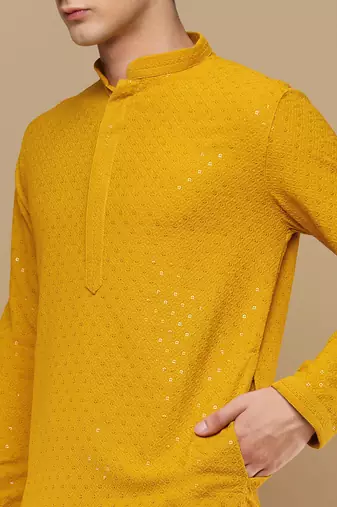 Unleash your style with men's mustard cotton sequins kurta set by sanwara