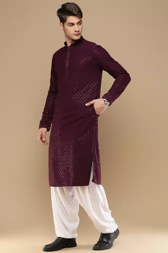 Unleash your style with men's purple cotton sequins kurta set by sanwara