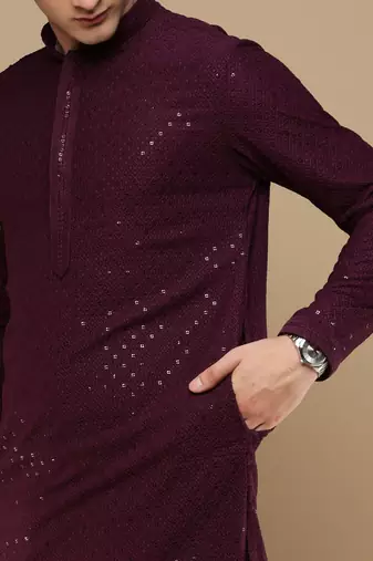Unleash your style with men's purple cotton sequins kurta set by sanwara