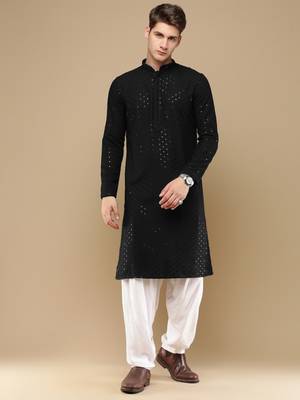 Unleash your style with men's black cotton sequins kurta set by sanwara 1