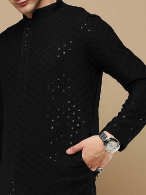 Unleash your style with men's black cotton sequins kurta set by sanwara 3
