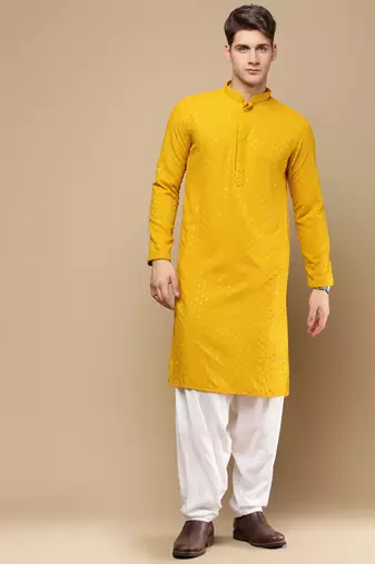 Unleash your style with men's mustard cotton sequins kurta set by sanwara