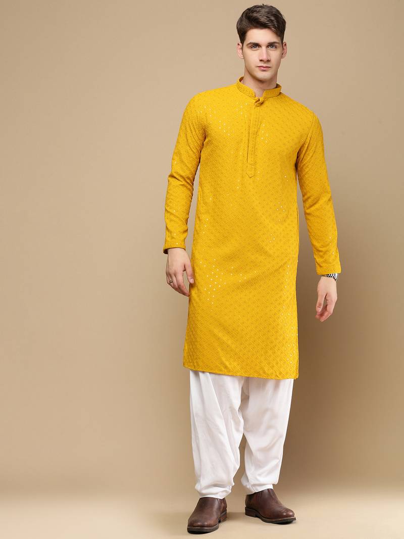 Unleash your style with men's mustard cotton sequins kurta set by sanwara