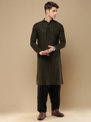 Unleash your style with men's olive green cotton sequins kurta set by sanwara 1