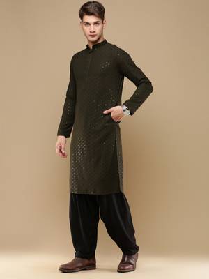 Unleash your style with men's olive green cotton sequins kurta set by sanwara 2