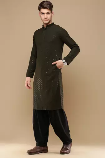 Unleash your style with men's olive green cotton sequins kurta set by sanwara