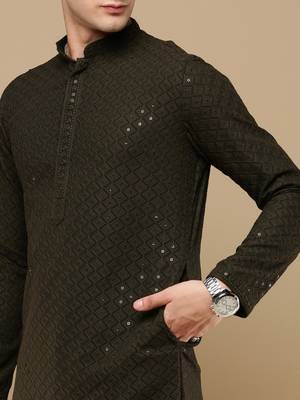 Unleash your style with men's olive green cotton sequins kurta set by sanwara 3
