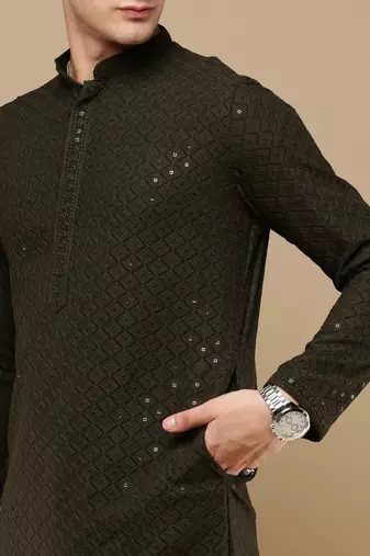 Unleash your style with men's olive green cotton sequins kurta set by sanwara