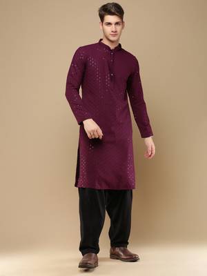 Unleash your style with men's wine cotton sequins kurta set by sanwara 1