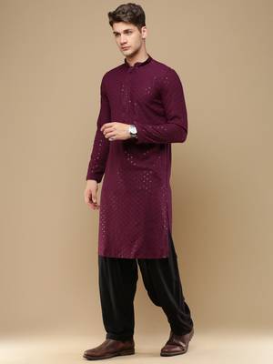 Unleash your style with men's wine cotton sequins kurta set by sanwara 2