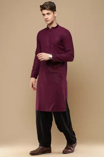 Unleash your style with men's wine cotton sequins kurta set by sanwara
