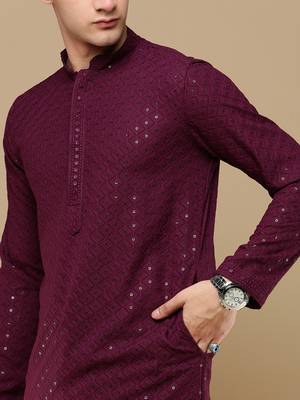 Unleash your style with men's wine cotton sequins kurta set by sanwara 3