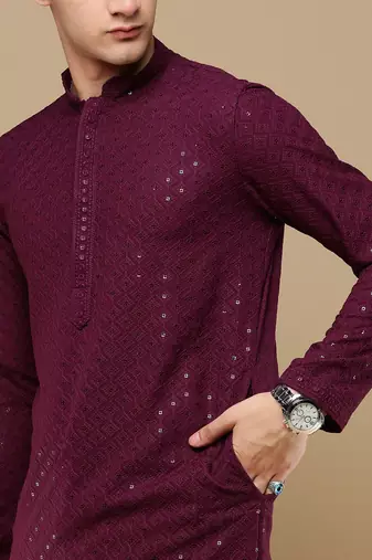 Unleash your style with men's wine cotton sequins kurta set by sanwara