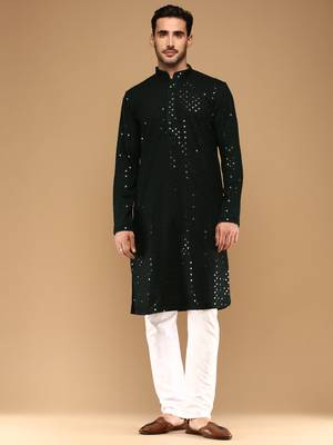 Unleash your style with men's deep green cotton sequins kurta set by sanwara 1