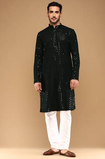 Unleash your style with men's deep green cotton sequins kurta set by sanwara
