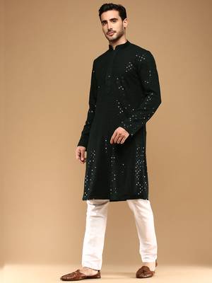 Unleash your style with men's deep green cotton sequins kurta set by sanwara 2