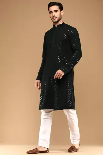 Unleash your style with men's deep green cotton sequins kurta set by sanwara