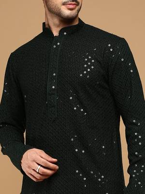 Unleash your style with men's deep green cotton sequins kurta set by sanwara 3