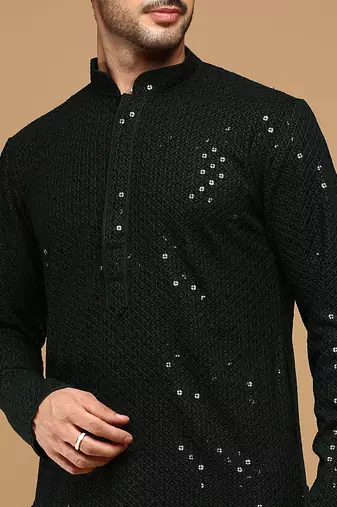 Unleash your style with men's deep green cotton sequins kurta set by sanwara