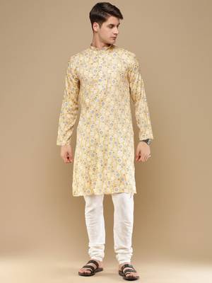Unleash your style with men's yellow cotton floral printed kurta set by sanwara 1