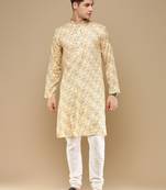 Unleash your style with men's yellow cotton floral printed kurta set by sanwara