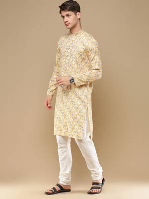 Unleash your style with men's yellow cotton floral printed kurta set by sanwara 2