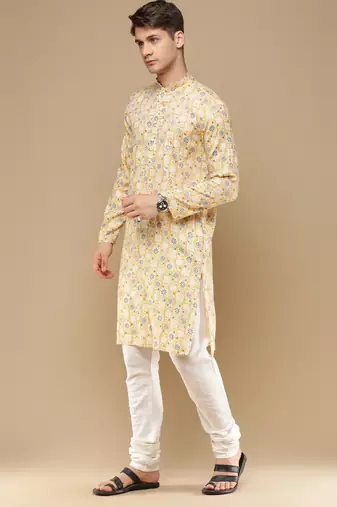 Unleash your style with men's yellow cotton floral printed kurta set by sanwara