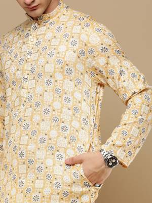 Unleash your style with men's yellow cotton floral printed kurta set by sanwara 3
