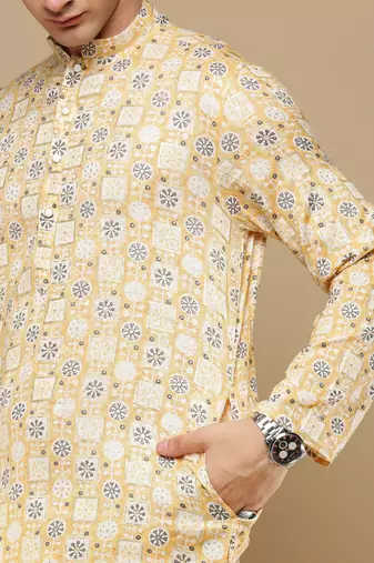 Unleash your style with men's yellow cotton floral printed kurta set by sanwara