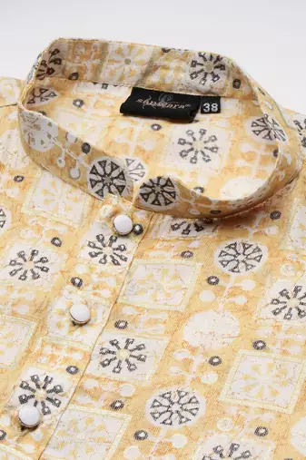 Unleash your style with men's yellow cotton floral printed kurta set by sanwara
