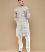 Unleash your style with men's grey cotton floral printed kurta set by sanwara