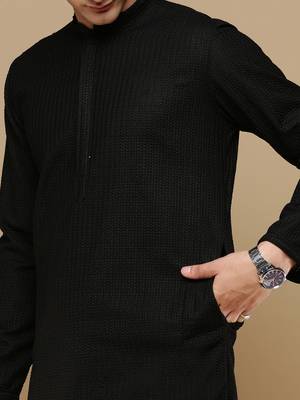 Unleash your style with men's black cotton chikankari designer kurta set by sanwara 3