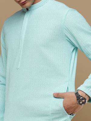 Unleash your style with men's sea green cotton chikankari designer kurta set by sanwara 3