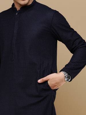 Unleash your style with men's deep blue cotton chikankari designer kurta set by sanwara 3
