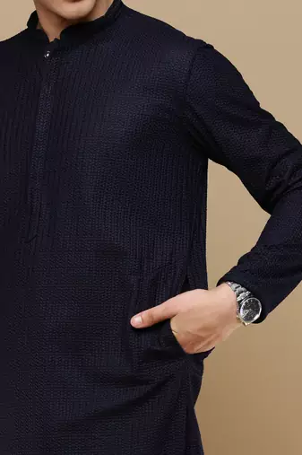 Unleash your style with men's deep blue cotton chikankari designer kurta set by sanwara